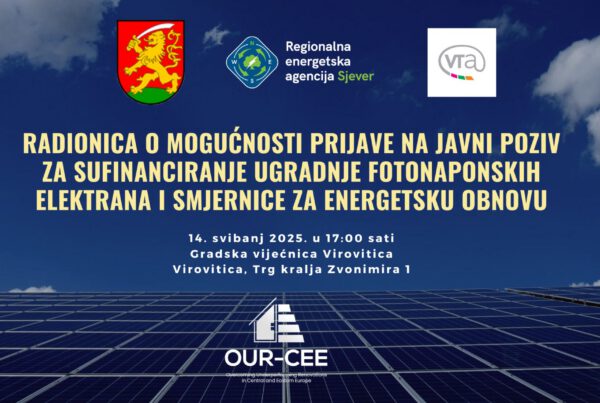 REA Sjever i Razvojna agencija VTA pozivaju građane Virovitice na radionicu o smjernicama za energetsku obnovu – mogućnost prijave na javni poziv za sufinanciranje ugradnje solarnih elektrana.