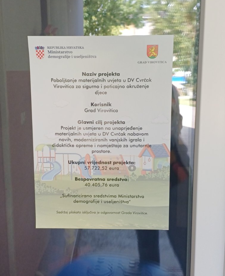 Grad Virovitica uspješno završio projekt unaprjeđenja materijalnih uvjeta u DV Cvrčak